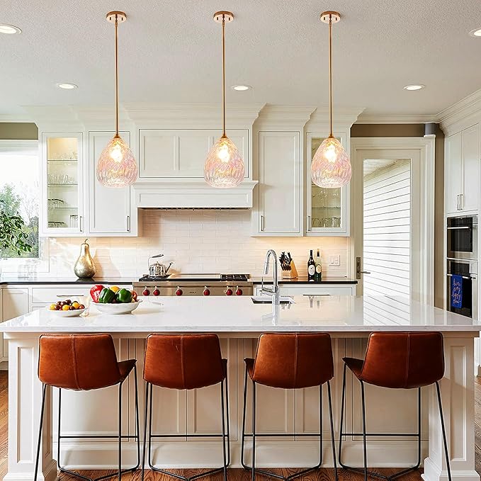 Stained Hammered Glass Pendant Light with Brass Gold Accent, Adjustable Hanging Lamp for Kitchen, Dining Room, and Living Room