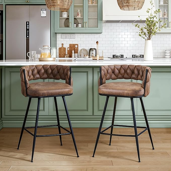 VECELO Bar Stools Set of 4, Counter Height Bar Stools, 26 inch Seat Barstools with Woven Back and Footrest for Kitchen Island Counter, Brown