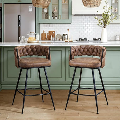 VECELO Bar Stools Set of 2, Counter Height Bar Stools, 26 inch Seat Barstools with Woven Back and Footrest for Kitchen Island Counter, Brown