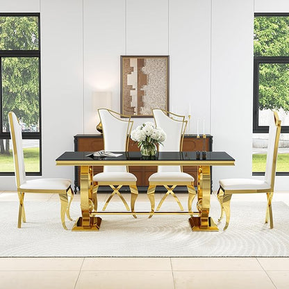 7-Piece Modern Luxury Dining Table Set, 70" Black Tempered Glass Dining Table with Gold Polished Stainless Steel U-Shaped Pedestal Base, 6 White PU Leather X-Leg Dining Chairs, for Dining Room