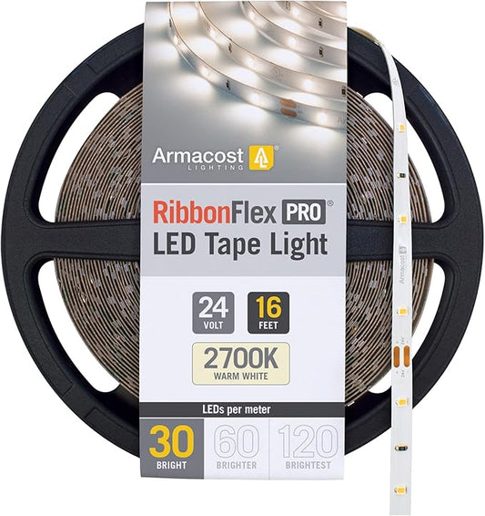 Armacost Lighting RibbonFlex Pro 24V White LED Strip Lights 30 LED/m, 2700K, 16.4 ft 134230