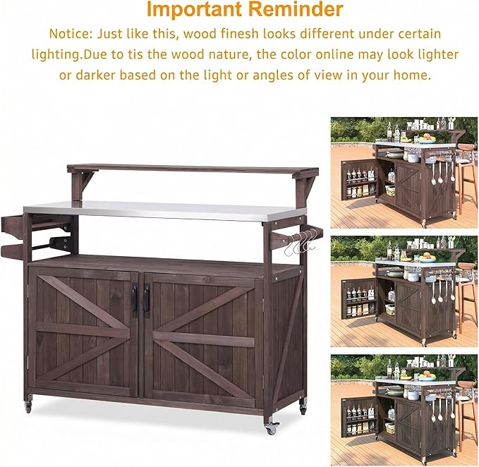 Casaphoria 53.3" Outdoor Kitchen BBQ Grill Cart, 100% Fir Wood Bar Cart Pizza Oven Table with Stainless Steel Countertop, Raised Worktop, Hooks, Adjustable Shelves Outdoor Kitchen Island, Brown