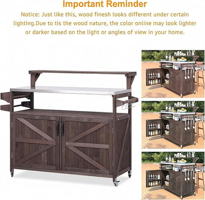 Casaphoria 53.3" Outdoor Kitchen BBQ Grill Cart, 100% Fir Wood Bar Cart Pizza Oven Table with Stainless Steel Countertop, Raised Worktop, Hooks, Adjustable Shelves Outdoor Kitchen Island, Brown