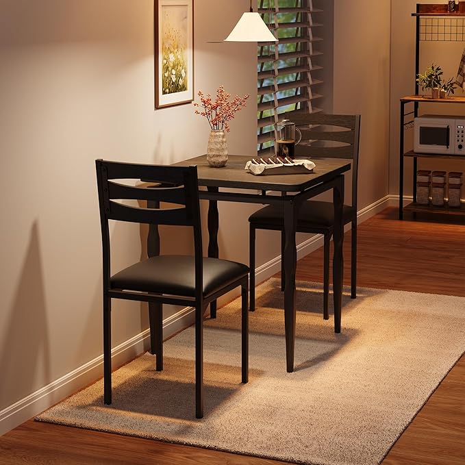 GarveeHome Dining Table Set for 2, Dining Table and Chairs Set of 2, 3 Piece Dining Table Set with Spiral Table Legs for Small Spaces, Kitchen, Apartment, Black