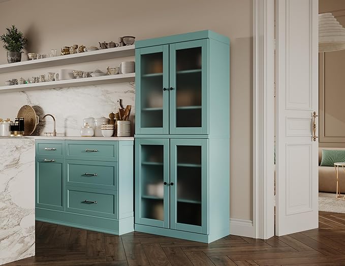 Palace Imports 100% Solid Wood Kitchen Pantry w/ 4 Frosted Glass Doors, Aqua, 32" w x 71.5" h, Renewable Eco-Friendly Wood, Made in Brazil