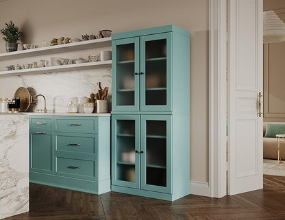 Palace Imports 100% Solid Wood Kitchen Pantry w/ 4 Frosted Glass Doors, Aqua, 32" w x 71.5" h, Renewable Eco-Friendly Wood, Made in Brazil