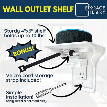Power Perch Wall Outlet Shelf with Cord Storage Strap - Declutter & Reclaim Bathroom Counter Space - Alexa Stand, Apple Homepod Shelf, Toothbrush Holders Wall Mounted - White, 2-Pack