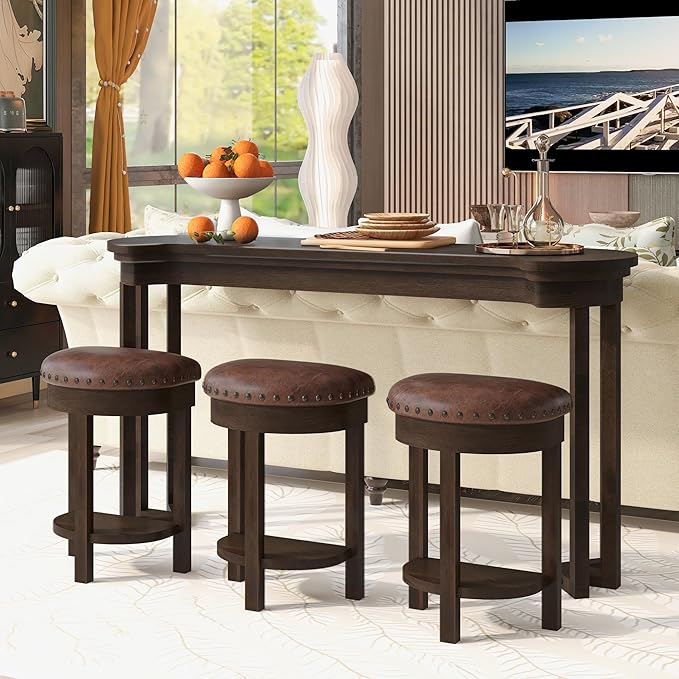 Bar Table and Chairs Set of 4 with 3 PU Upholstered Bar Stools, Breakfast Bar Table, Solid Wood Bar Height Dining Table Set, for Kitchen, Living Room, Party Room, Small Space (Espresso)