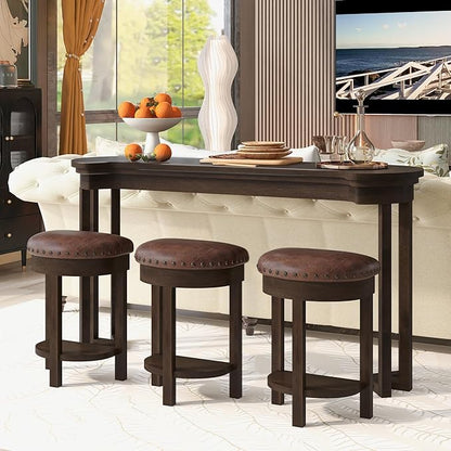 Bar Table and Chairs Set of 4 with 3 PU Upholstered Bar Stools, Breakfast Bar Table, Solid Wood Bar Height Dining Table Set, for Kitchen, Living Room, Party Room, Small Space (Espresso)