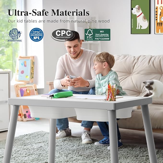 Easyego Sensory Table for Toddlers Kids Play Wooden Sand Water Table with Double-Sided Board & Foldable Storage Bins for Indoor and Outdoor Use, Birthday Gifts for Boys and Girls - Light Grey