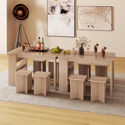 Dining Table Set for 4, Island Table for Kitchen with 3-Tier Shelves & 4 Stools, Wooden Kitchen & Dining Room Furniture, Dinette Set for Home, Restaurant, Bar, Bistro (Natural)