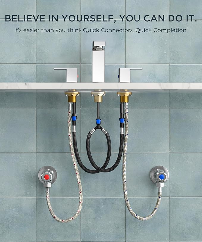 QFN Lead-Free Chrome Bathroom Faucet 3 Hole, Square Bathroom Sink Faucet 8 Inch Widespread, 2 Handle for 6"-12" Vanity Sink with Metal Pop Up Drain and 24" cUPC Supply Hoses