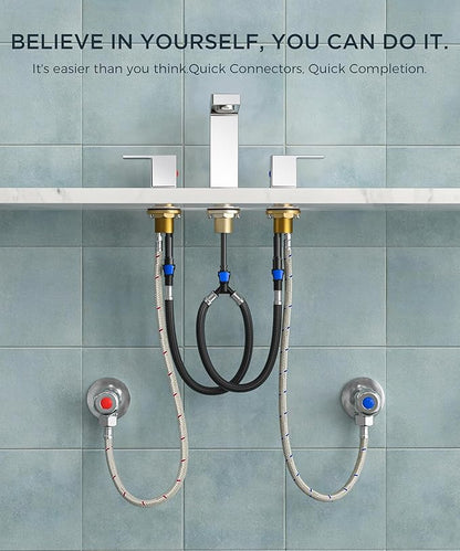 QFN Lead-Free Chrome Bathroom Faucet 3 Hole, Square Bathroom Sink Faucet 8 Inch Widespread, 2 Handle for 6"-12" Vanity Sink with Metal Pop Up Drain and 24" cUPC Supply Hoses
