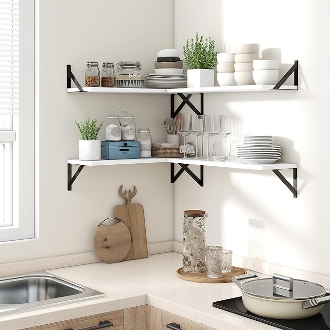 Axeman 24 Inch White Floating Shelves | 8 Inch Deep Wall Shelves Set of 2 | 24''W x 8''D Rustic White Wood Shelves for Bathroom Kitchen Living Room Bookshelf Home Office