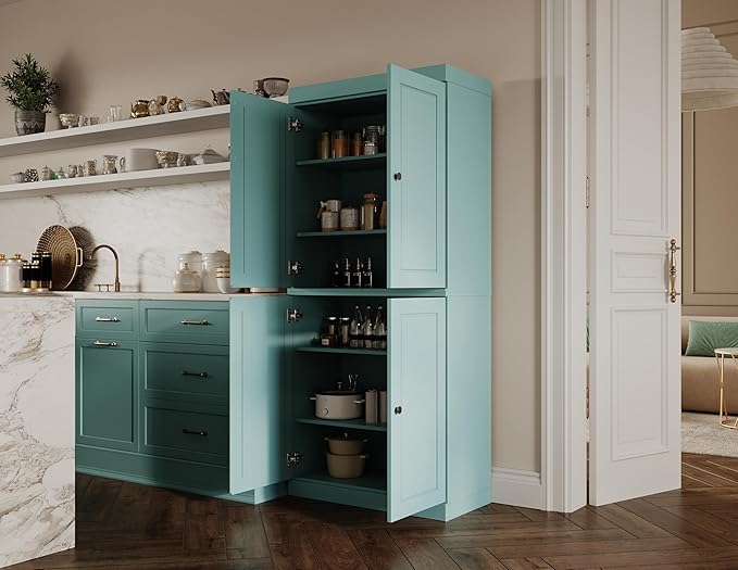 Palace Imports Solid Wood Kitchen Pantry Cabinet - 71.5" Tall x 32" Wide - Wooden Storage Cabinet with 4 Doors & Adjustable Shelves, Aqua, 100% Renewable Eco-Friendly Wood, Made in Brazil