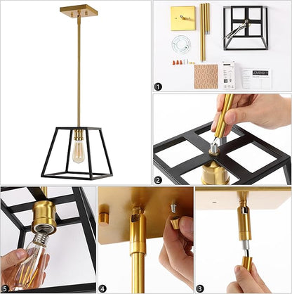 JONATHAN Y 9.25" Black/Brass Gold 1-Light Iron Pendant Lantern, Farmhouse Industrial Cage Light for Kitchen Island Dining Room, Adjustable Height, LED Bulb Included JYL6509A