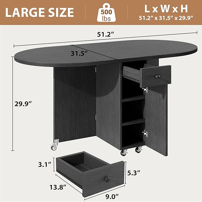 Jocoevol Round Folding Dining Table for 6, Space Saving Drop Leaf Kitchen Table with Storage Drawer, 6 Wheels Oval Gateleg Foldable Dining Table for Small Spaces (Black, 51" x 31.5" x 30")