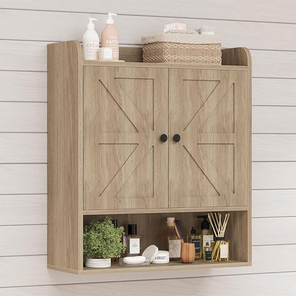 EasyCom 22" W x 26" H Bathroom Wall Cabinet, Farmhouse Medicine Cabinet with Adjustable Shelves and 2 Barn Doors, Over The Toilet Storage Cabinet for Bathroom, Kitchen, Living Room, Oak Grey