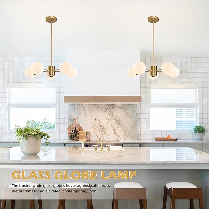 Bagood 5-Light Globe Sputnik Chandelier Mid Century Sputnik Chandeliers Modern Gold Globe Pendant Light Brushed Brass Finished with White Frosted Glass Lampshade for Dining Room Bedroom Kitchen