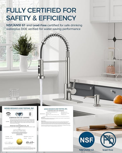 FORIOUS Kitchen Faucet with Soap Dispenser, Stainless Steel Kitchen Sink Faucet with Pull Down Sprayer Burhsed Nickel Single Handle Modern Spring Commercial for Laundry Room RV Camp Bar Farmhouse