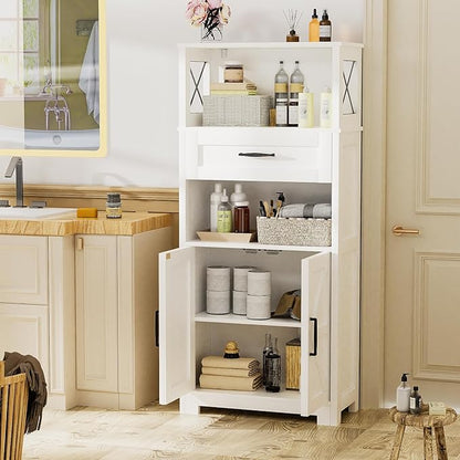 kepptory 55" Tall Kitchen Pantry, Farmhouse Storage Cabinet with Doors, Shelves and Drawer, Rustic Wood Cupboard for Kitchen, Dining Room (White)