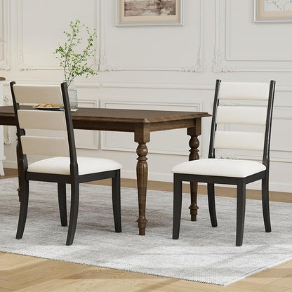 Upholstered Dining Chairs Set of 2, Rustic Chenille Ladder High Back Dining Room Kitchen Side Chairs with Non-Slip Foot Mats, Beige