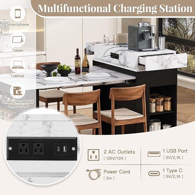 Extendable Dining Table with Folding Tabletop & Power Outlet, Modern Kitchen Island Sideboard with Wheels, Hidden Drawers & USB Charging, Sturdy Buffet Table for Small Spaces (Black)