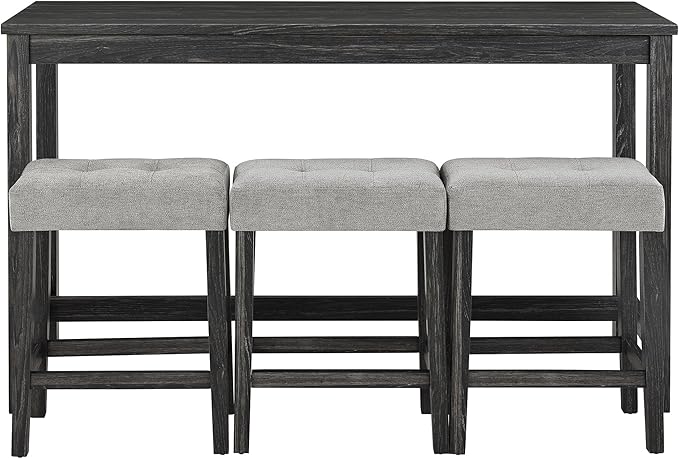 Ball & Cast 4 Piece Industrial Wooden Kitchen Island Table Chairs Sets w/Charging Station, 3pcs Upholstered Backless Counter Stools & 59" Bar-Table Built-in Electrical Outlets and 2 USB Ports,Black