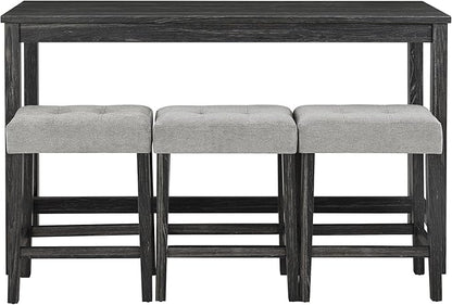 4-Piece Farmhouse Kitchen Table Stool Set with Power Outlets, Industrial Dining Tables with 3 Upholstered Stools, Wooden Counter Table Chairs w/Charging Station&2 USB Ports, Black+Grey