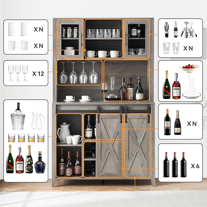 IDEALHOUSE 70'' Wine Coffee Bar Cabinet with Storage Hutch, Tall Kitchen Pantry Liquor Cabinet with Sliding Barn Doors, Bottle Glasses Rack, Farmhouse Buffet for Home Dining Room, Gray Oak