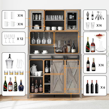 IDEALHOUSE 70'' Wine Coffee Bar Cabinet with Storage Hutch, Tall Kitchen Pantry Liquor Cabinet with Sliding Barn Doors, Bottle Glasses Rack, Farmhouse Buffet for Home Dining Room, Gray Oak