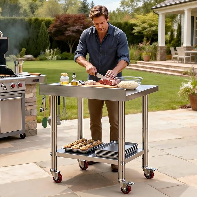 DWVO 30x24in Stainless Steel Table, NSF Metal Prep Worktable with Backsplash & Wheels for Kitchen Restaurant Hotel Garage Warehouse Home
