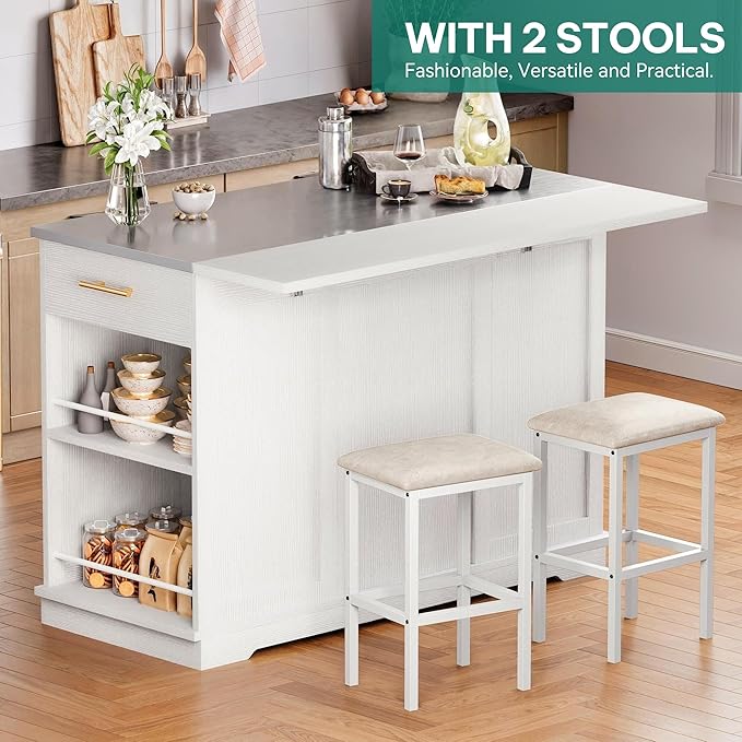 YITAHOME Kitchen Islands with Seating, 47" Mobile Storage Island with Trash Can, Rolling Kitchen Island Cart with Drop Leaf & Stainless Steel Countertop, Bar Table with 2 Stools, Spice Rack, White