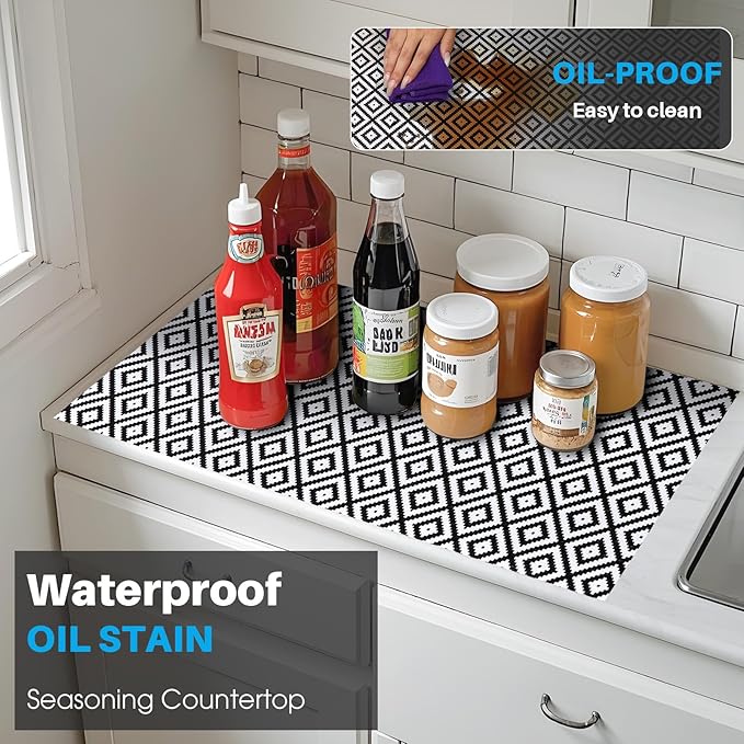 Coavas Shelf and Drawer Liner, Non Slip Extra Grip Non Adhesive Waterproof Thickened Cabinet Mat, Easy Cut for Kitchen Pantry Bathroom Dresser Cupboard (Black Rhombic, 12IN x 10FT)