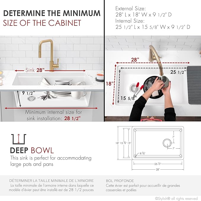 Stylish 28 x 18 Inch Composite Granite Workstation Kitchen Sink, Single Bowl Under Mount & Drop in, 9.5 in Deep, with Bamboo Cutting Board, Roll-Up Drying Rack, Colander & Strainer, White, S-828WH