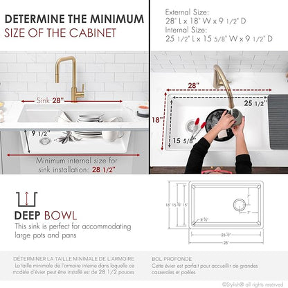 Stylish 28 x 18 Inch Composite Granite Workstation Kitchen Sink, Single Bowl Under Mount & Drop in, 9.5 in Deep, with Bamboo Cutting Board, Roll-Up Drying Rack, Colander & Strainer, White, S-828WH