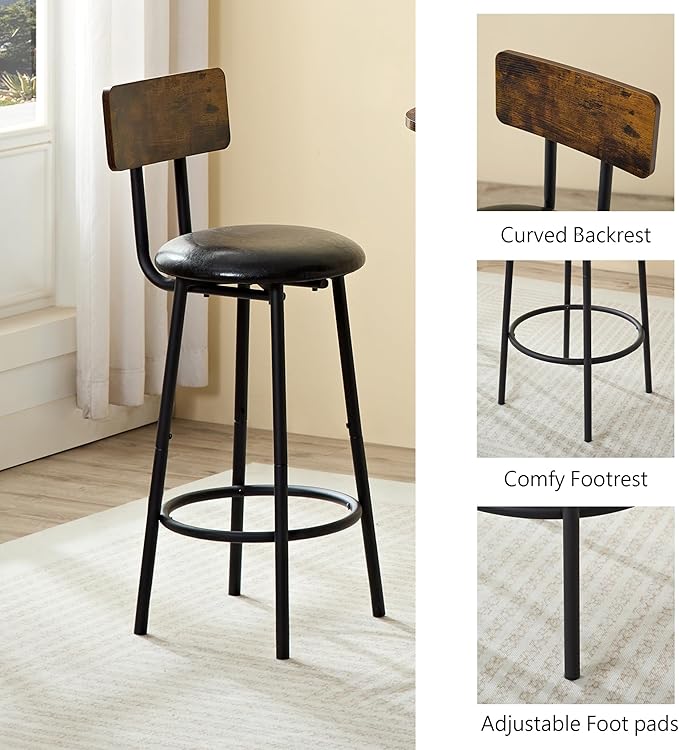 3 Piece High Top Table Set Kitchen Bar Round Table and Bar stools Set for 2, Island Dining Cocktail Table and Tall barstools,Counter Height Pub bistro Table, Industrial, Rustic Brown (3PCS)