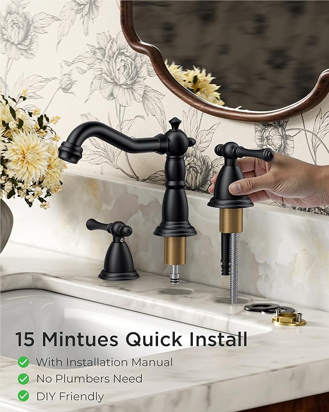 FORIOUS Matte Black Bathroom Faucets 3 Hole, Widespread Bathoom Sink Faucet Dual Handle with Pop-Up Drain and Water Supplies for Commercial Vanity Lavatory Restroom Farmhouse