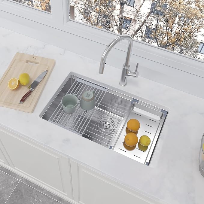 30 Inch Undermount Kitchen Sink 16 Gauge Stainless Steel Ledge Workstation Sink Round Corners Deep Single Bowl Kitchen Sinks with Accessories 30"x19"x10"