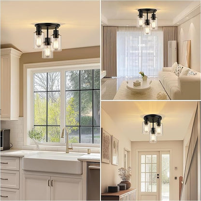 ROTTOGOON Semi Flush Mount Ceiling Light, Close to Ceiling Lights Fixtures, 3 Light Kitchen Ceiling Lights Fixtures with Glass Shades, Hallway Light Fixtures Ceiling Mount for Foyer, Black