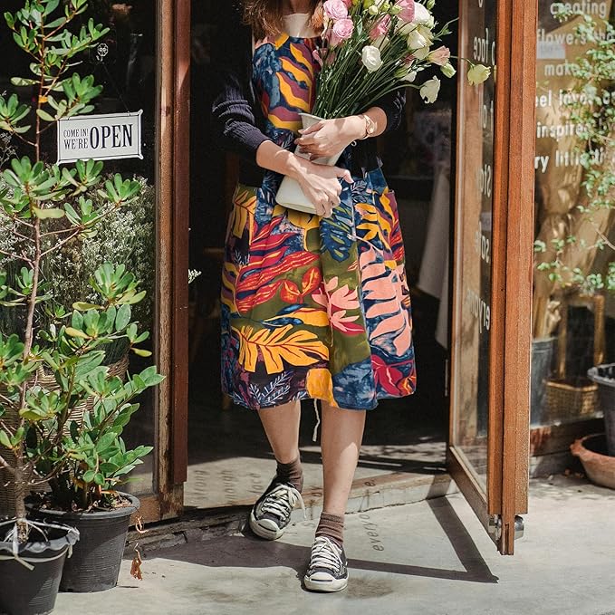 Cityelf Vintage Pinafore Apron Dress Snap Adjust Linen Cotton with Pockets Floral Aprons for Cooking Gardening