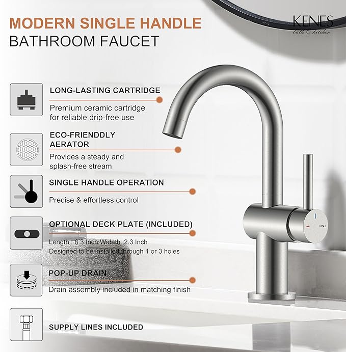 KENES Brushed Nickel Bathroom Faucet Single Handle Modern Prep Wet Bar Sink Faucet Bathroom Sink Faucets with Drain Assembly & Deck Plate, Farmhouse RV Camper Outdoor Utility Faucet, KE-9005B