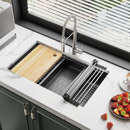 YITAHOME Kitchen Sink Undermount Workstation 32in,Gunmetal Black Stainless Steel Single Bowl w/Ledge & Accessories, Nano-treated Surface Prevents Scratches, RV, Bar Sink 32x19x10in