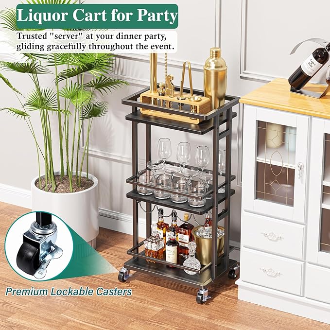 OKZEST 3-Tier Liquor Cabinet with Wine Rack, Mini Bar Cart for Home, Small Liquor Bar Cabinet for Alcohol, Rolling Kitchen Serving Cart on Wheels, Wine Drink Cart for Party, Bar Stand for Small Space