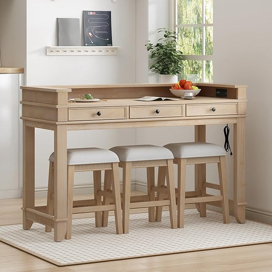 4-Piece Dining Bar Table Set with 3 Upholstered Stools, Multifunctional Dining Table with 3 Drawers,USB Port and a Power Strip, Perfect for Small Spaces (Natural Wood Wash//USB)