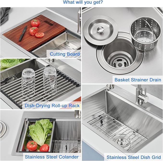MENATT 25 x 18 Inch Drop in Workstation Kitchen Sink, 25 Inch Single Bowl Handmade Topmount Kitchen Sink, 18 Gauge Stainless Steel 9'' Deep Kitchen Workstation Sink with Cutting Board& Strainer
