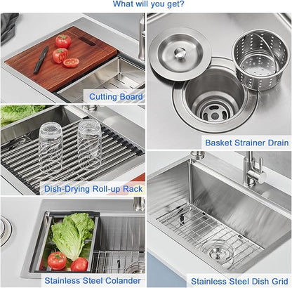 MENATT 25 x 18 Inch Drop in Workstation Kitchen Sink, 25 Inch Single Bowl Handmade Topmount Kitchen Sink, 18 Gauge Stainless Steel 9'' Deep Kitchen Workstation Sink with Cutting Board& Strainer