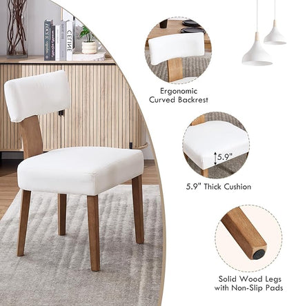 Mid Century Modern Dining Chairs, Upholstered Linen Fabric Chairs with Curved Backrest and Wood Legs, Comfy Kitchen Vanity Chairs for Dining Room/Living Room/Kitchen, Set of 6 Cream