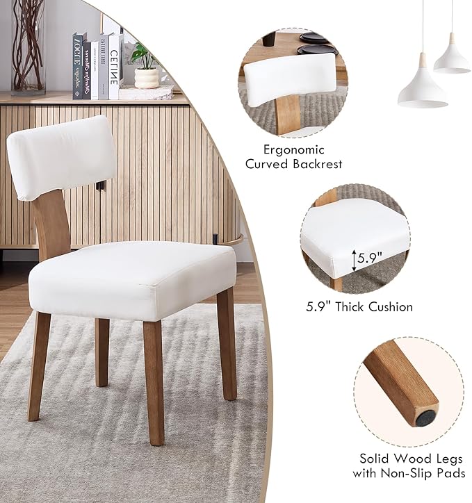 Mid Century Modern Dining Chairs, Upholstered Linen Fabric Chairs with Curved Backrest and Wood Legs, Comfy Kitchen Vanity Chair for Dining Room/Living Room/Kitchen, Set of 2 Cream