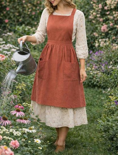 Pinknoke Cotton Linen Pinafore Apron Dress for Women with Pockets Cute Art Chef Aprons for Kitchen Baking Gardening Painting